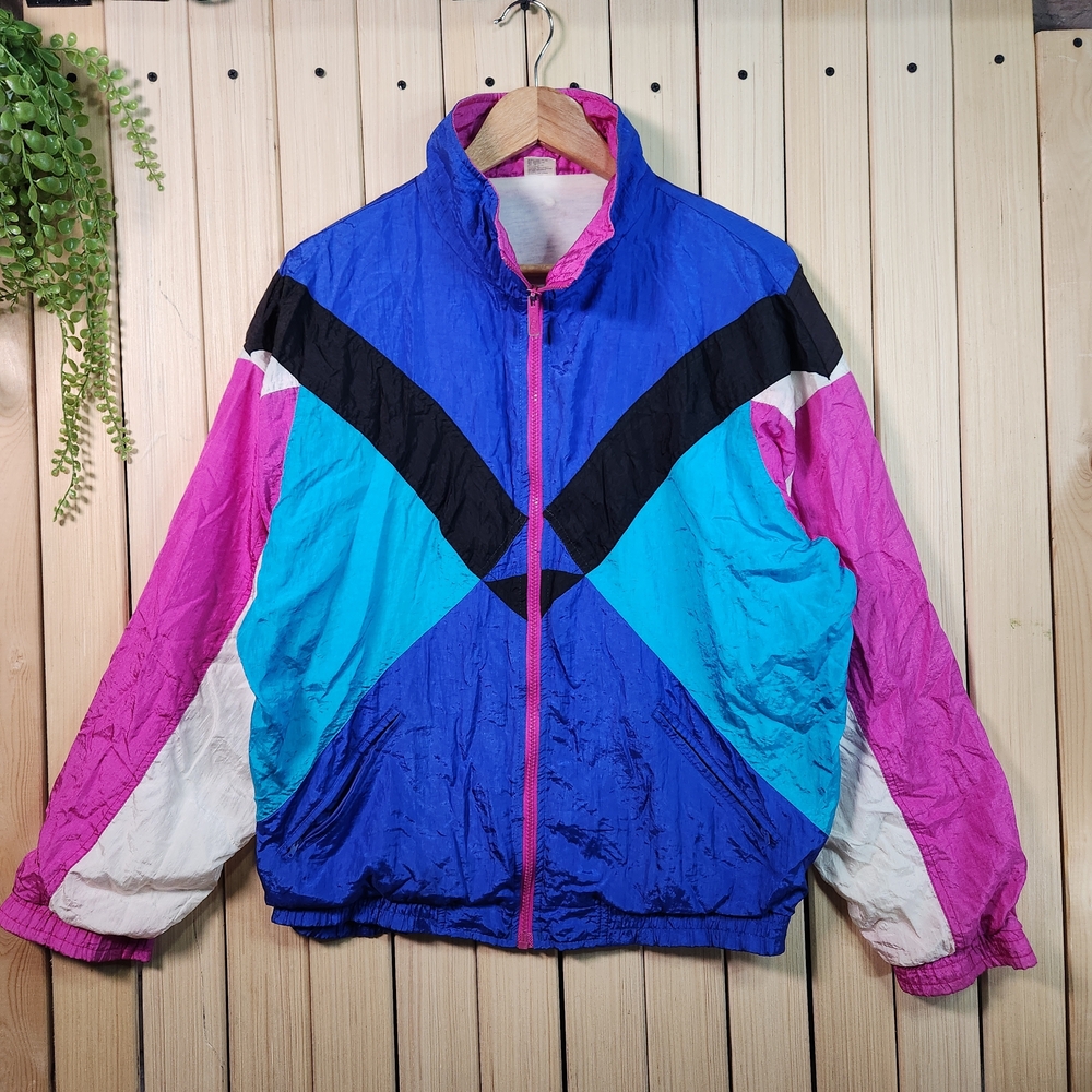 Vintage Windbreaker The Body Co Retro Colorlock Pink and White Top, 90s Style